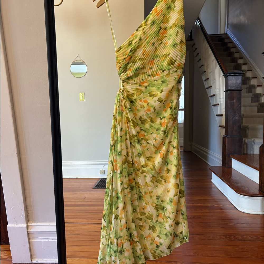 Mango One-Shoulder Dress in Yellow and Green Floral